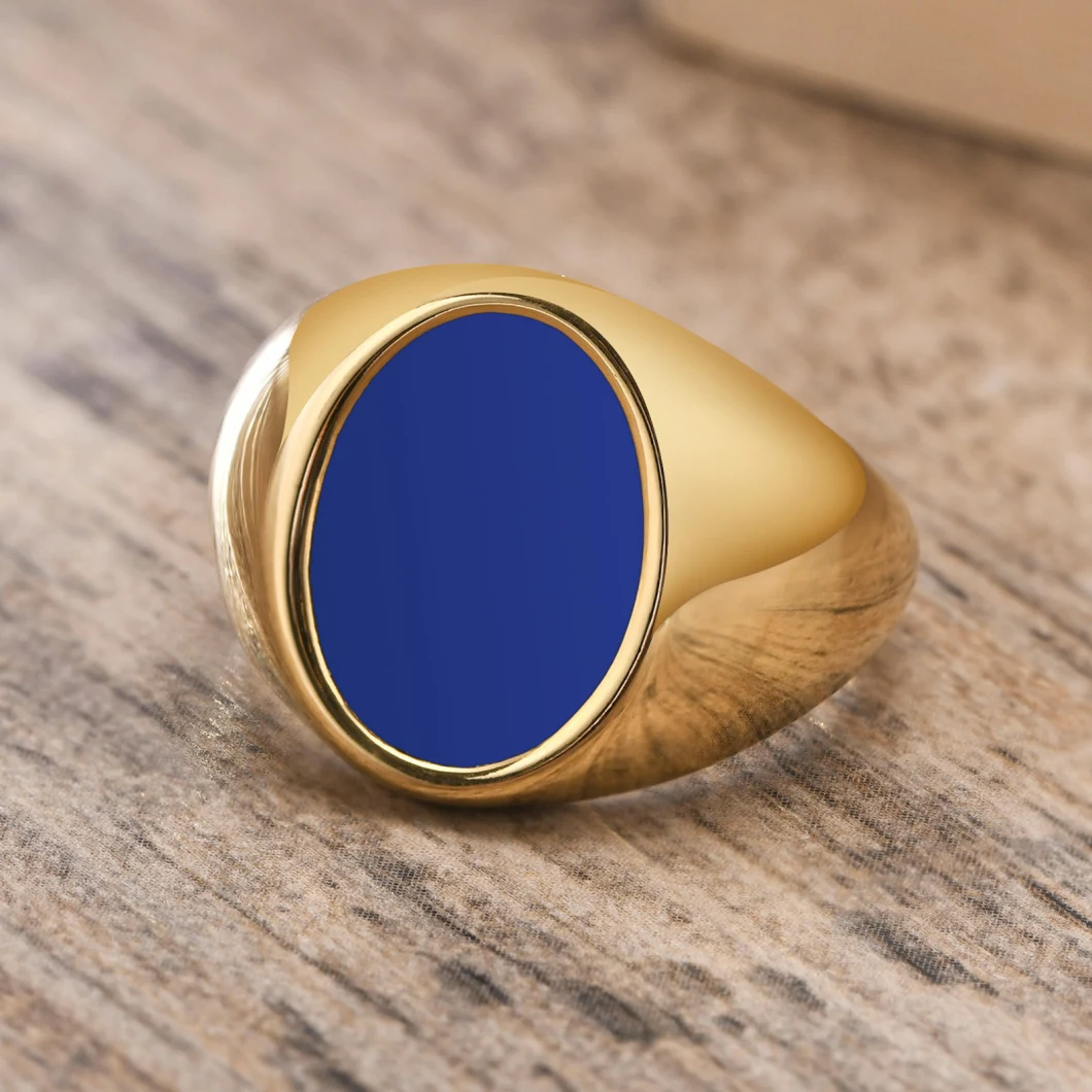 Stainless Steel Drop Blue Glue Oval Ring Golden Men′s Smooth Ring