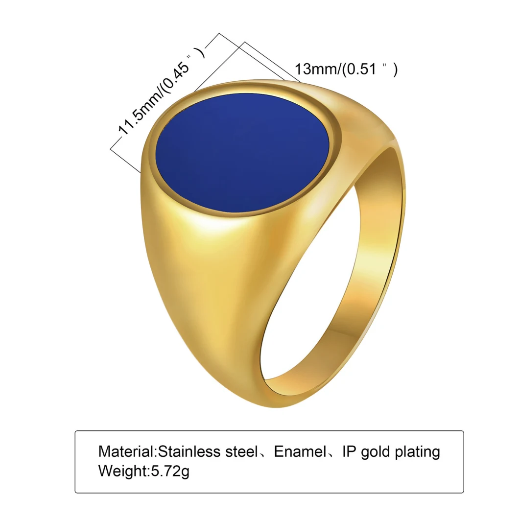Stainless Steel Drop Blue Glue Oval Ring Golden Men′s Smooth Ring